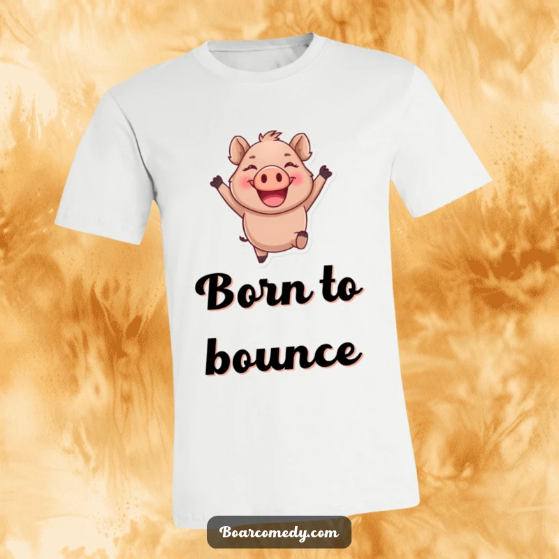 Funny round boar character leaping joyfully with a giant smile, printed on a soft t-shirt.