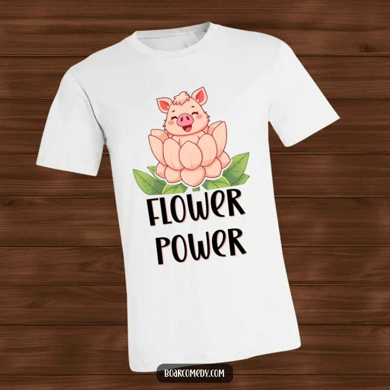 Funny t-shirt depicting a bubbly boar character emerging from a giant flower with a cheerful squeal, embodying pure delight.