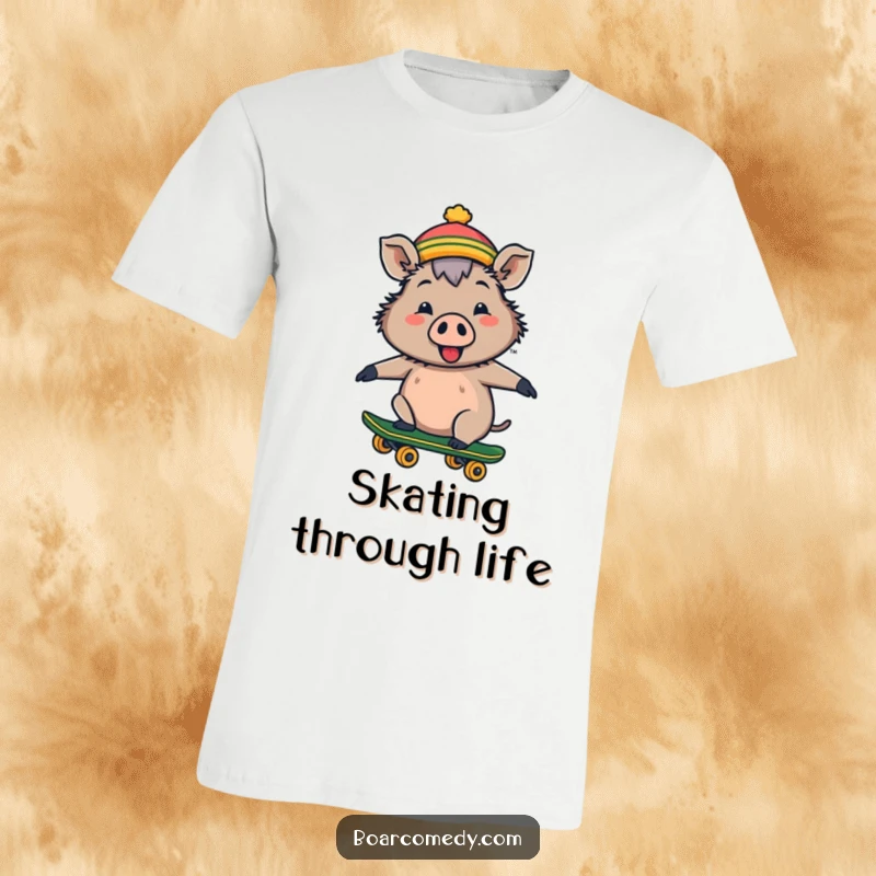 Funny cheerful boar in a tiny hat skillfully rides a skateboard on a fun t-shirt design.
