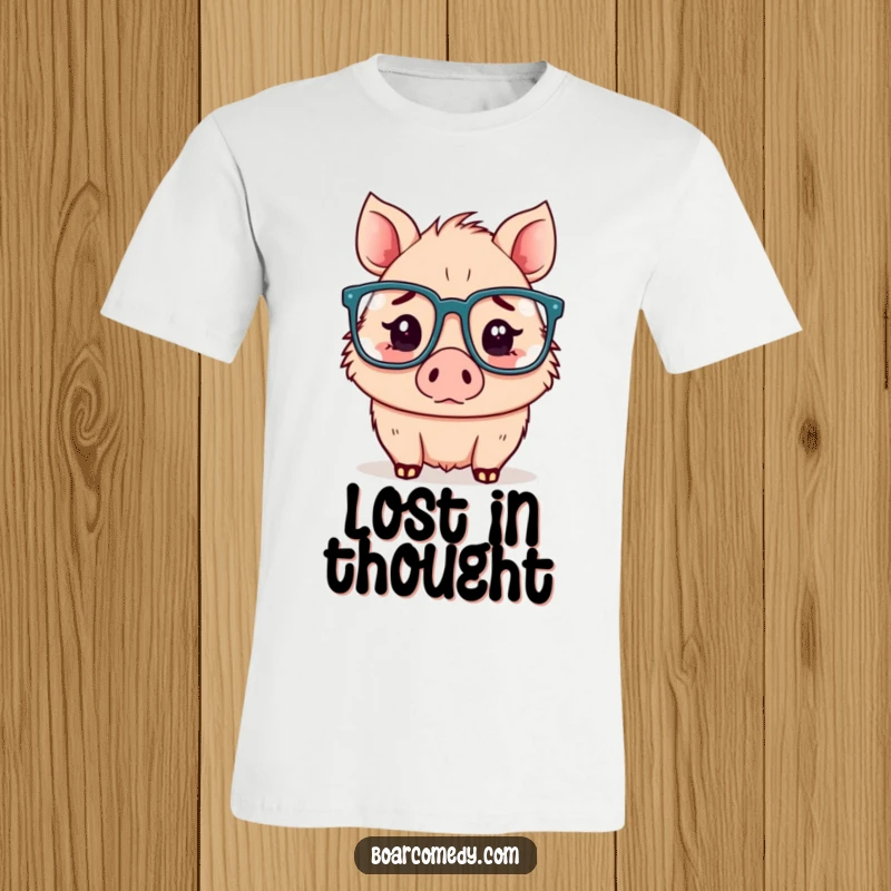 Funny Kawaii boar t-shirt, a boar with large spectacles, sporting a hilariously confused expression.