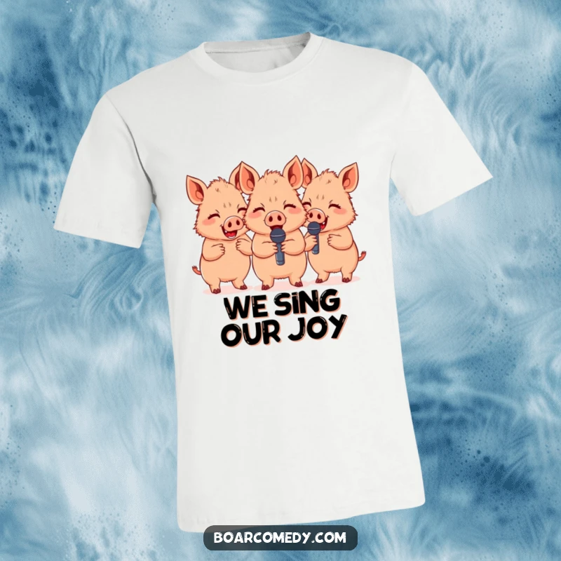 Funny, cute boars giggle while holding mini microphones, suggesting a hilarious stand-up comedy act or karaoke session.