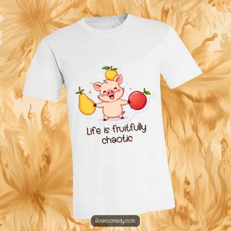 Funny, happy boar character artfully juggling large, colorful fruits, embodying skill, joy, and a love for healthy fun.