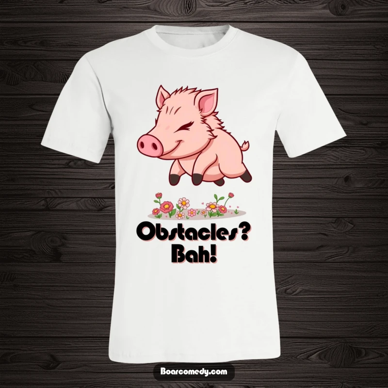 Funny Kawaii Boar T-Shirt with a determined look, actively leaping over miniature flower obstacles, showcasing athletic prowess.