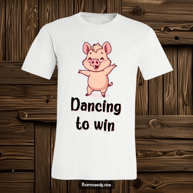 Funny Kawaii boar character attempting a comical, wobbly dance move, printed on a t-shirt.