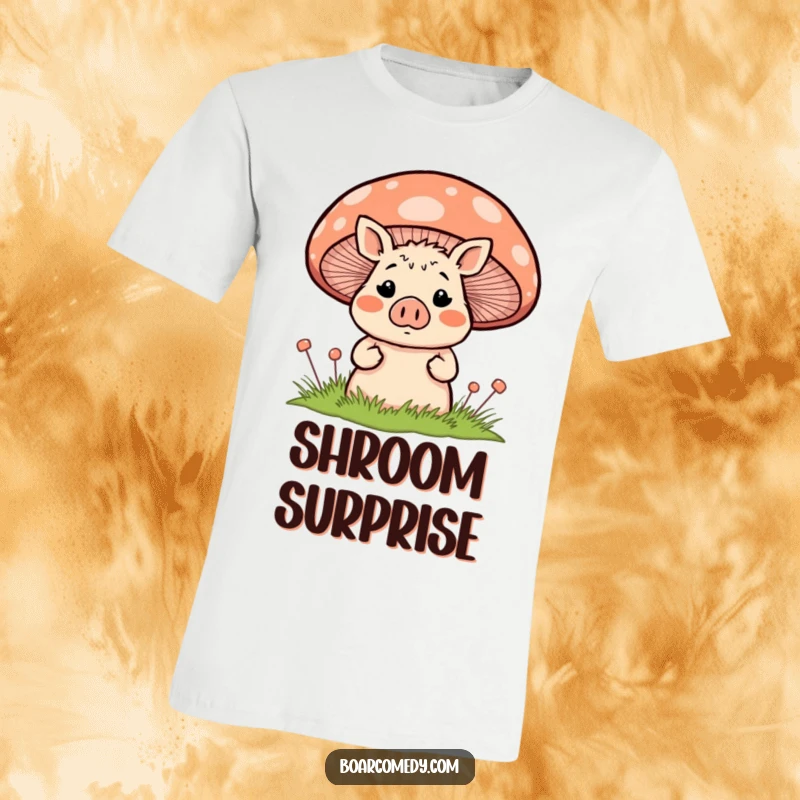 Funny blushing, surprised boar character peeking shyly from behind a large, colorful striped mushroom, printed on a soft graphic t-shirt.
