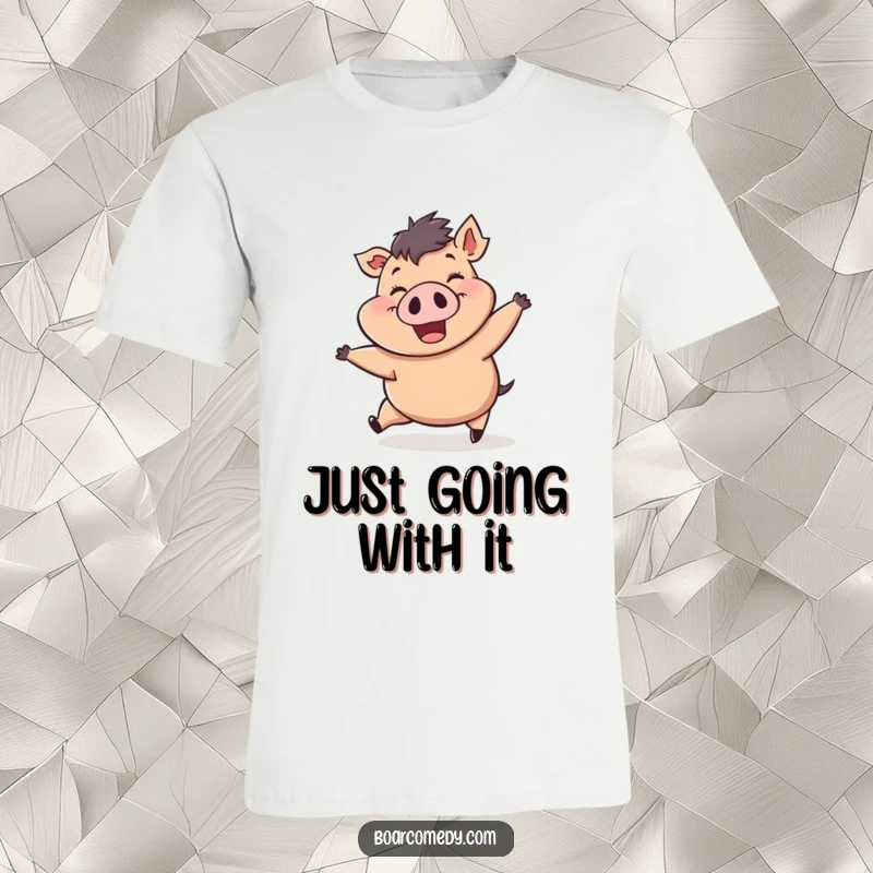 Funny t-shirt featuring a plump, cheerful boar character being propelled by a strong wind gust, wide grin expressing pure exhilaration.