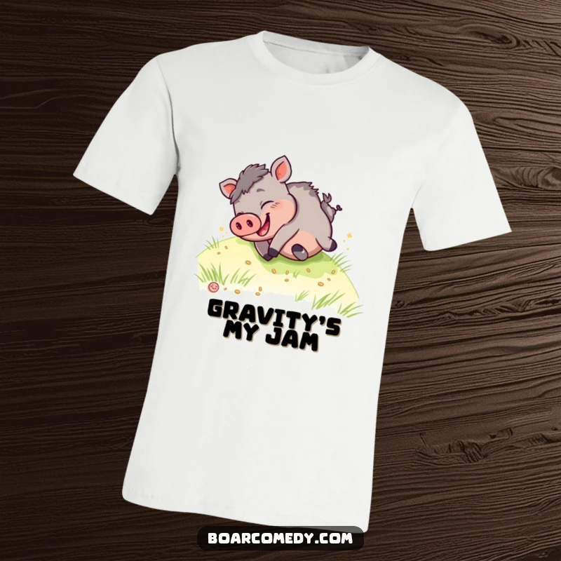 Funny kawaii boar t-shirt, captured mid-giggle while rolling down a grassy slope, embodying playful abandon and infectious happiness.