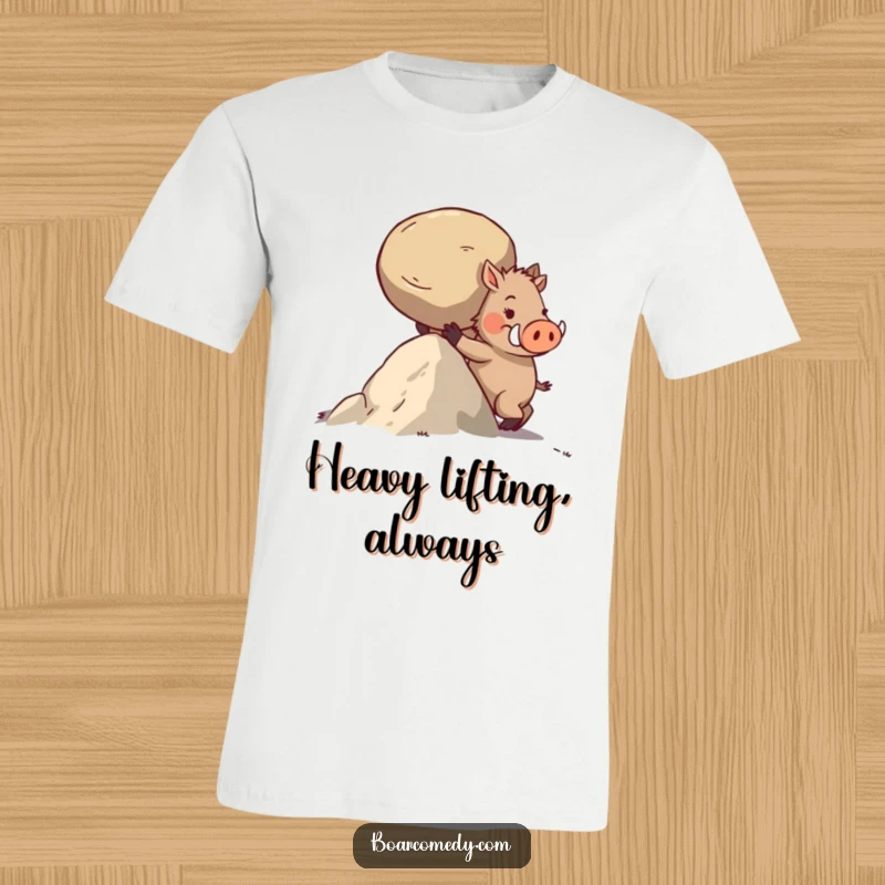 Funny t-shirt showing a strong boar character pushing a heavy, round stone up a steep incline.