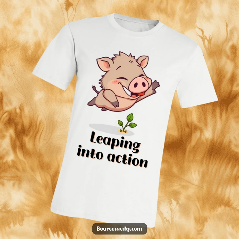 Funny t-shirt featuring a beaming boar character mid-air, leaping energetically over a tiny sprout with a triumphant grin.