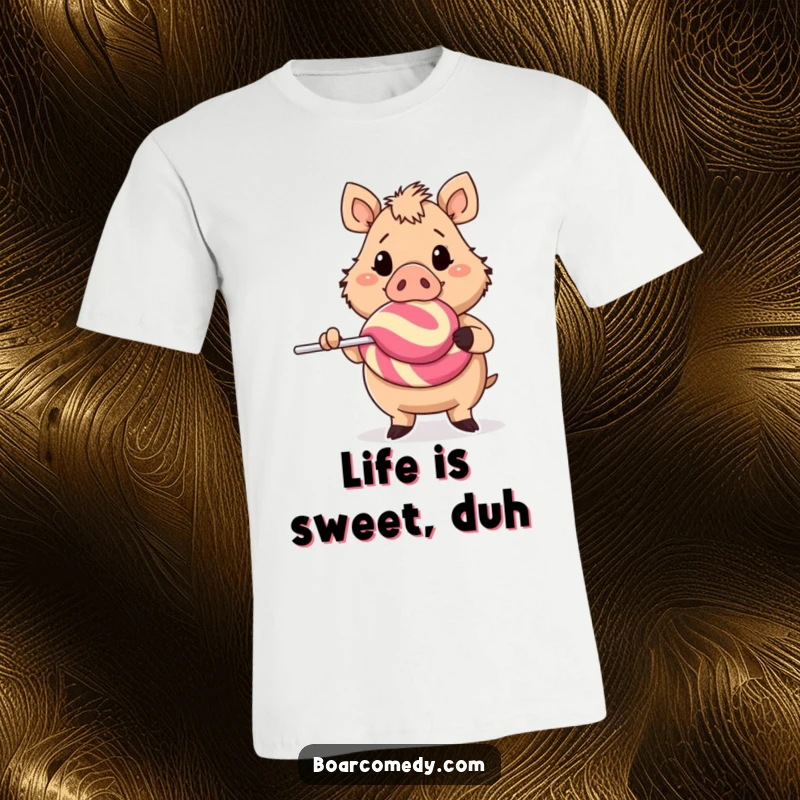 Funny, cheerful boar character happily holding an impressively large lollipop, showcasing a fun and vibrant design.