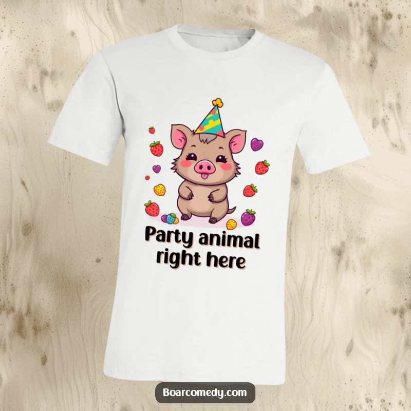 Funny Kawaii Boar T-Shirt with a party hat, expertly juggling bright berries, exuding pure celebratory joy and mischief.