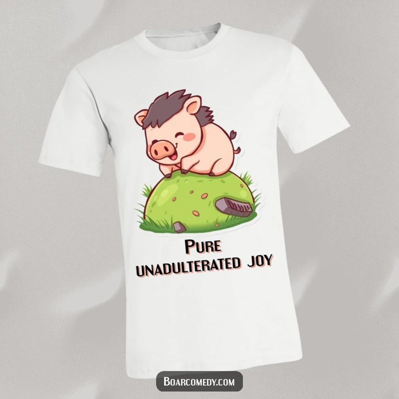 Funny t-shirt with a round, delighted boar character joyfully tumbling down a vibrant, grassy slope in a comical scene.