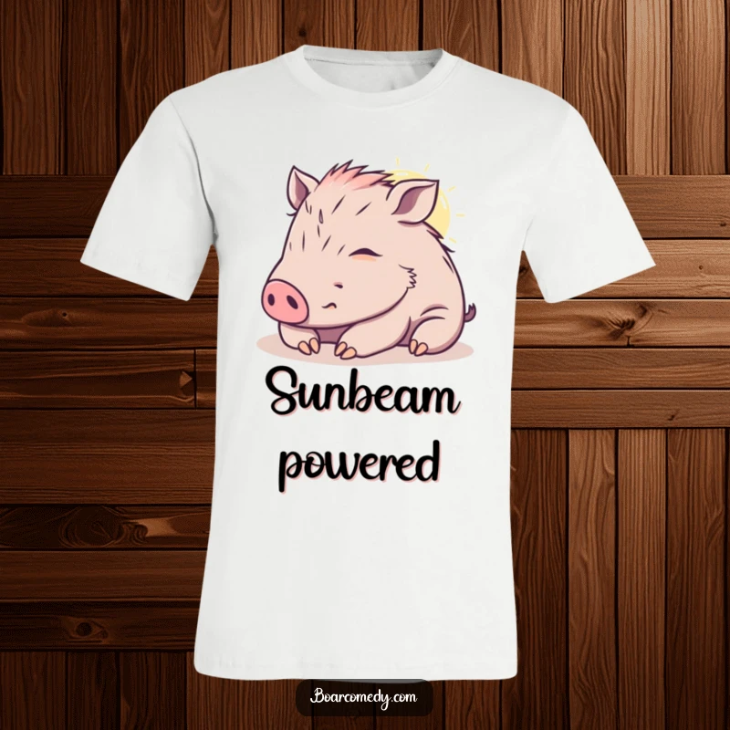 Funny kawaii boar t-shirt depicting a content boar blissfully napping in a warm, inviting sunbeam, radiating peace.