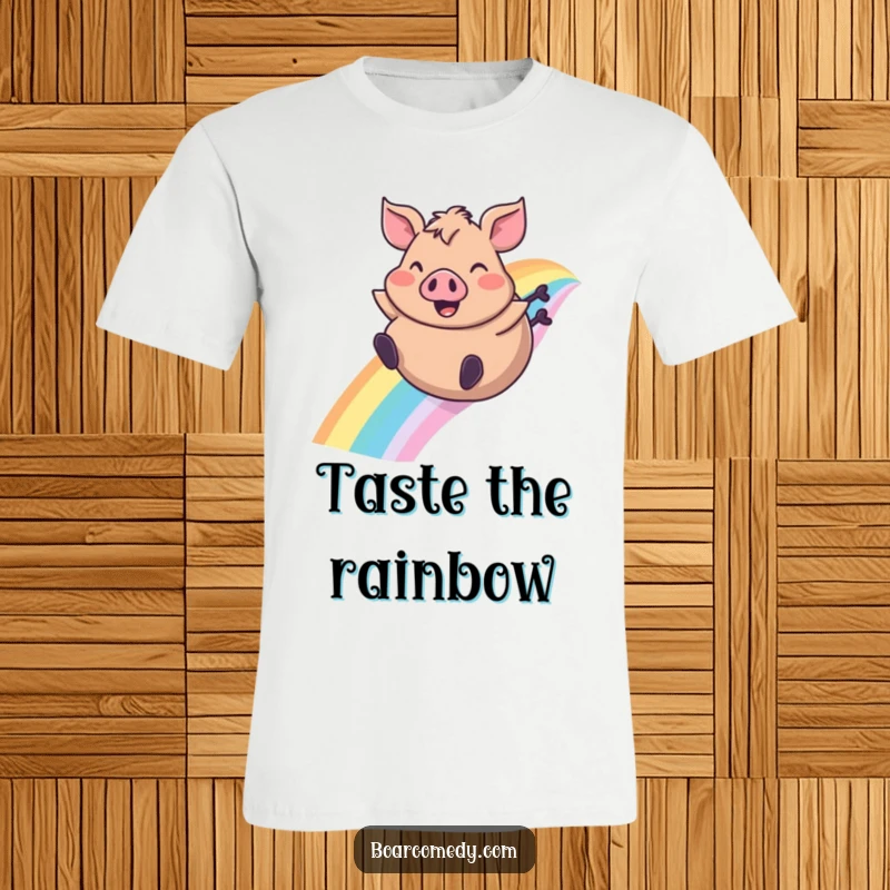 Funny t-shirt showcasing a plump boar character blissfully sliding down a vibrant rainbow with ears flapping joyfully.