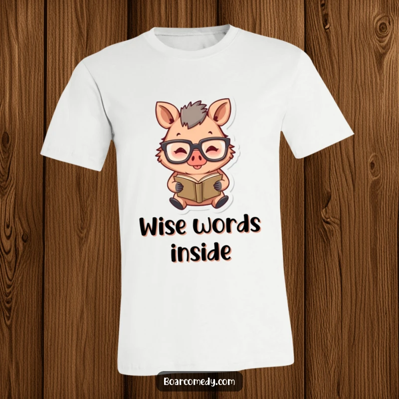 Funny t-shirt with a happy boar character sporting large glasses and engrossed in reading a miniature book.