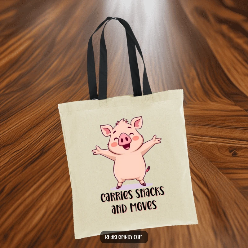 Funny Kawaii Boar Tote Bag: Features a kawaii boar doing a silly, uninhibited dance with its arms spread wide.