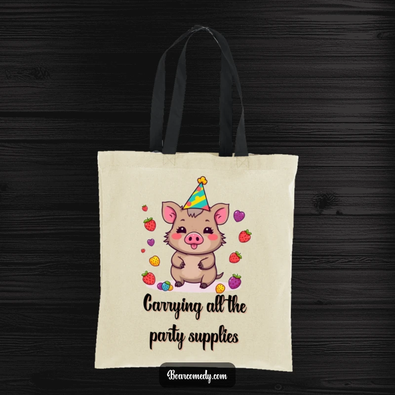 Funny Kawaii Boar Tote Bag wearing a party hat, juggling colorful berries, demonstrating a cheerful and energetic personality.