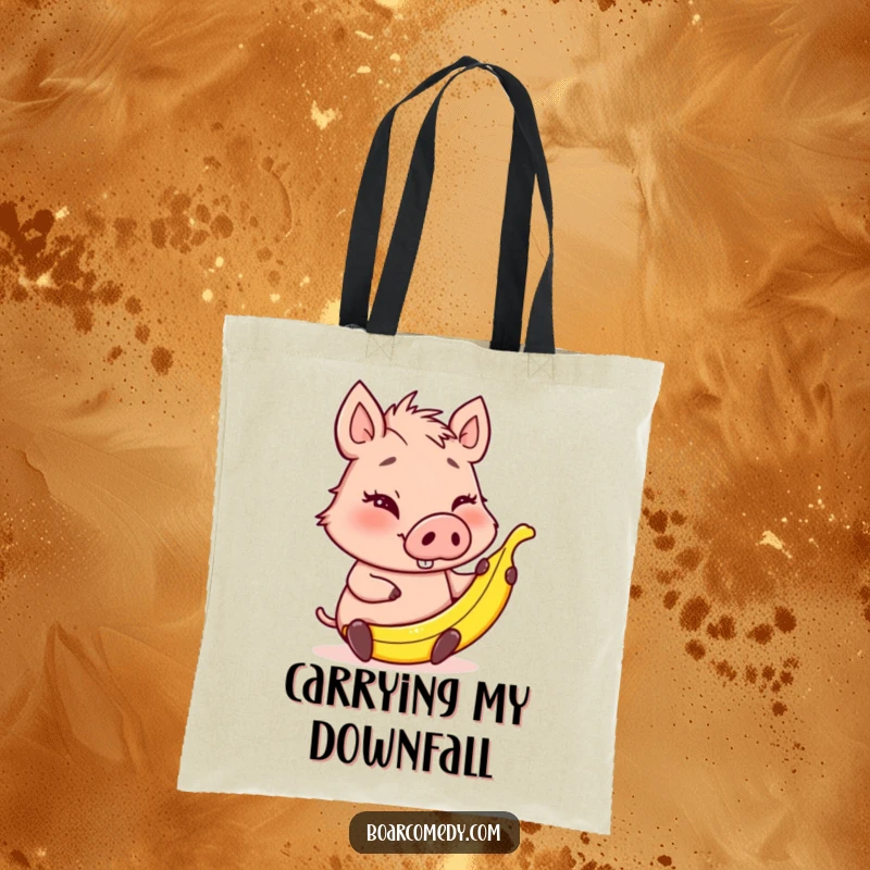 Funny winking boar character holding a small banana peel, a humorous and practical tote bag for carrying items with a playful twist.