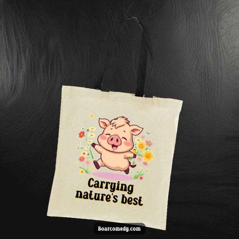 Funny Bouncing Boar Tote Bag, a joyful pig kicking up wildflowers, perfect for everyday errands. A cheerful funny gift.