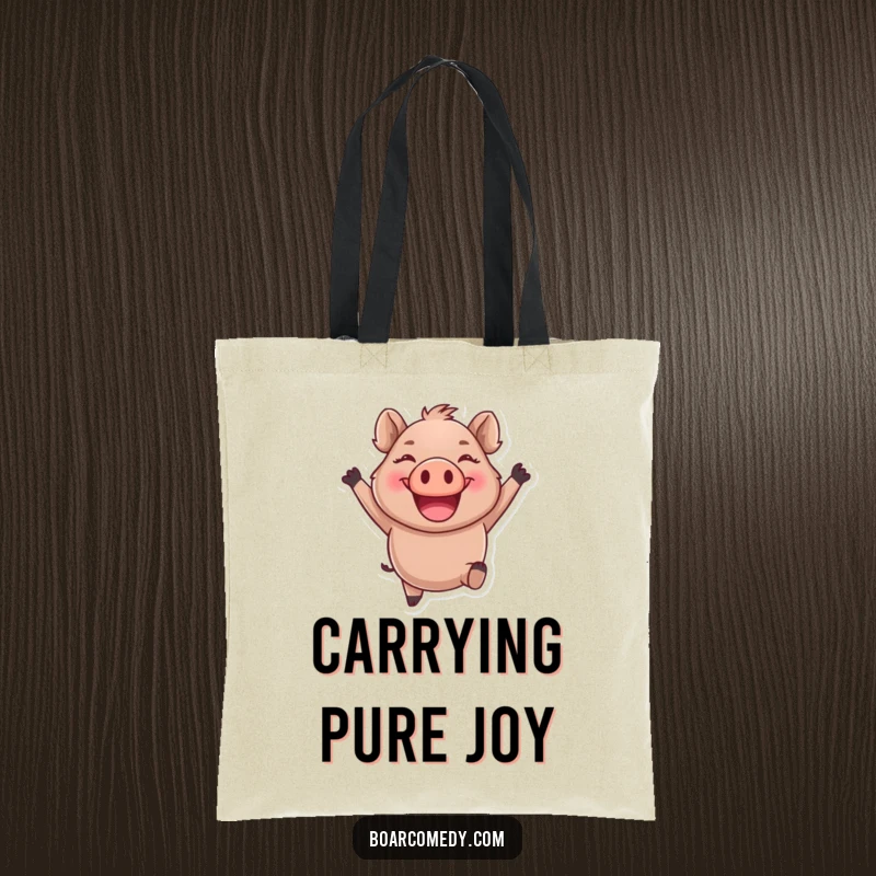 Funny round boar character leaping joyfully with a giant smile, printed on a durable tote bag.