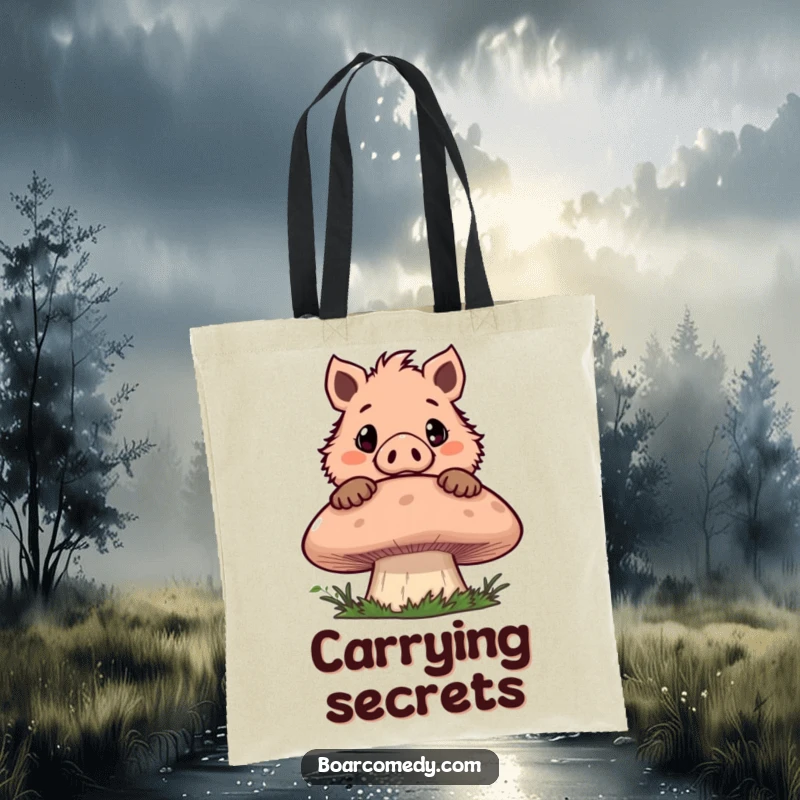 Funny tote bag featuring a mischievous boar character peeking over a giant mushroom with wide eyes, perfect for carrying your curious finds.
