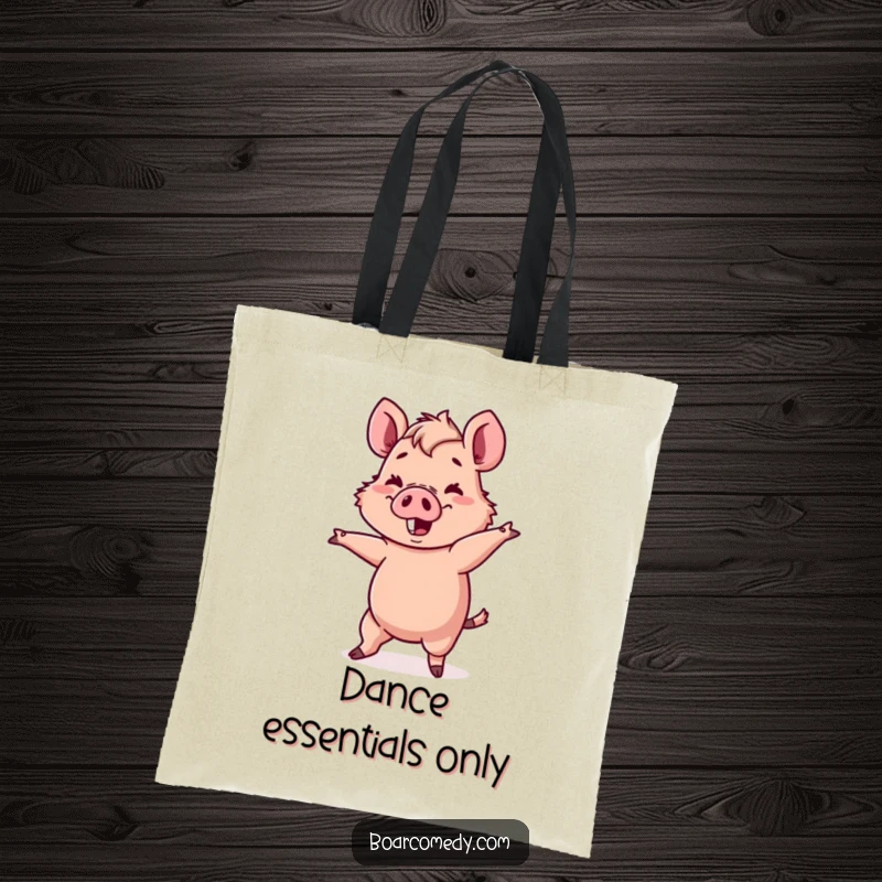 Funny Kawaii boar character attempting a comical, wobbly dance move, printed on a tote bag.