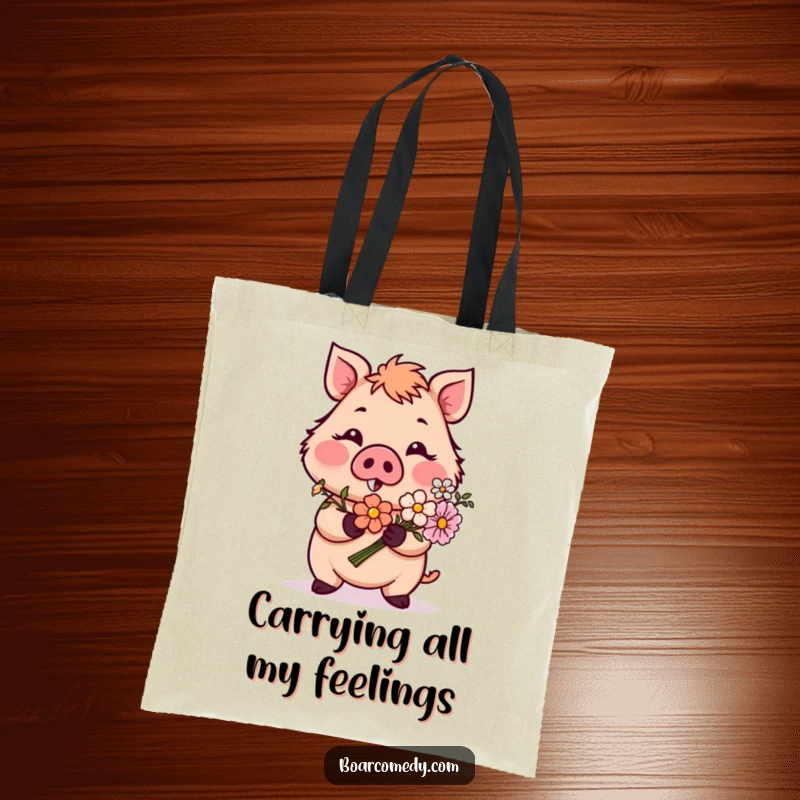 Funny tote bag with a blushing boar character offering a flower bouquet, a cute and practical accessory for carrying love and humor.
