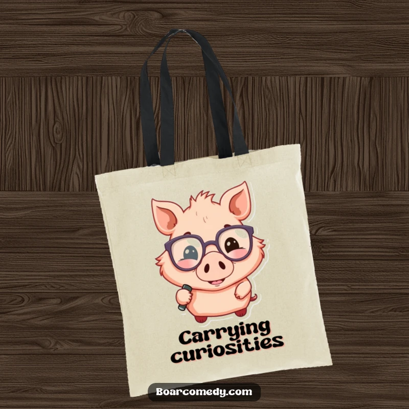 Funny tote bag with a smiling boar wearing oversized glasses and holding a magnifying glass, perfect for carrying essentials.
