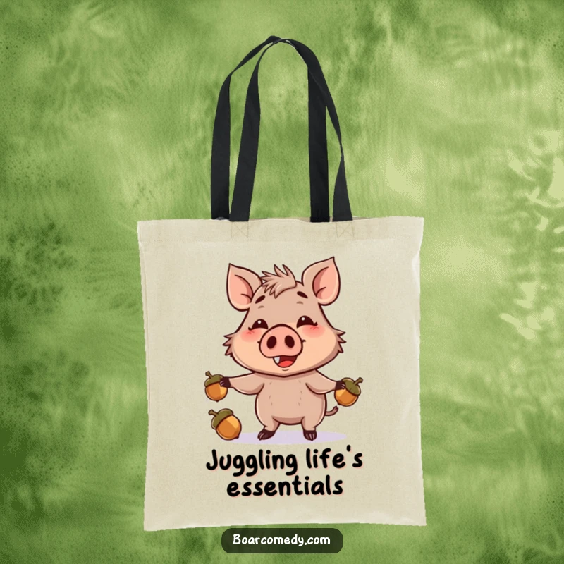 Funny tote bag depicting a cheerful boar character skillfully juggling acorns with its snout, perfect for carrying your essentials with humor.