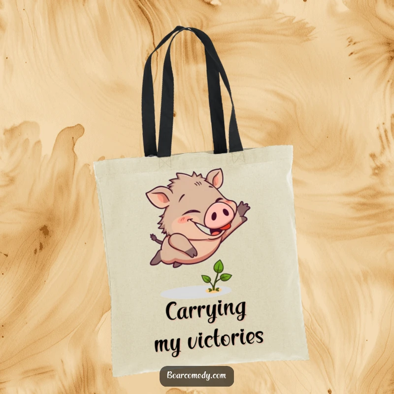 Funny tote bag featuring a cheerful boar character triumphantly leaping over a minuscule sprout with an infectious determined grin.