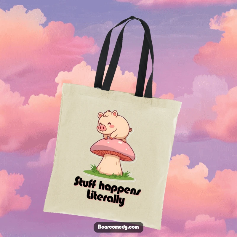 Funny tote bag design: a round, rosy boar character joyfully trips over a giant mushroom, illustrating a moment of pure, comical delight.