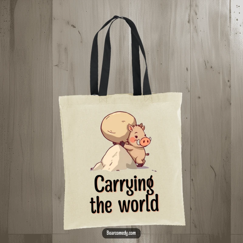 Funny tote bag featuring a determined boar character straining to push a large, round stone uphill.