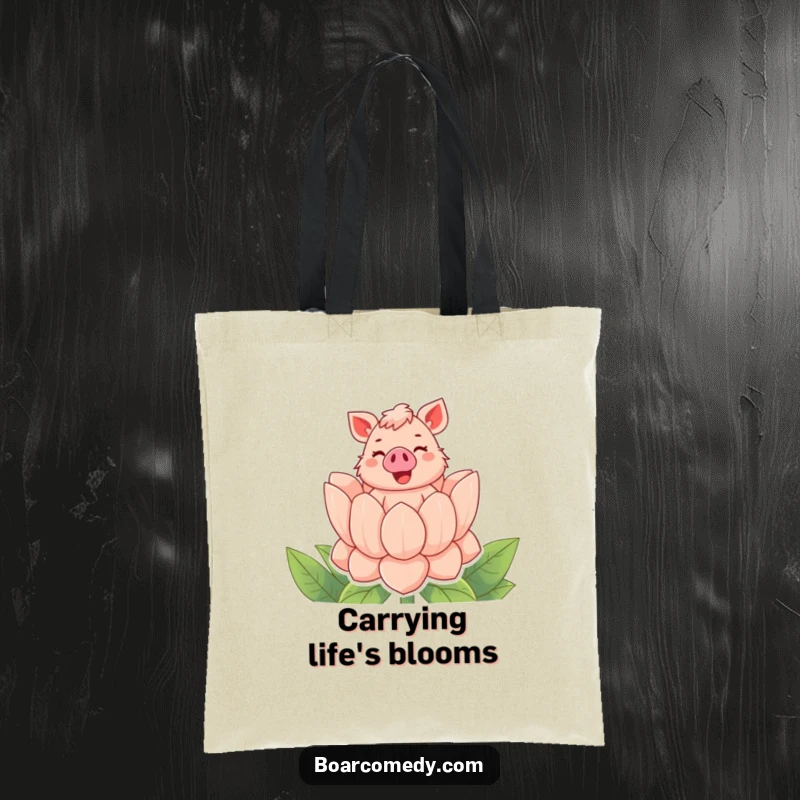 Funny tote bag showcasing a bubbly boar character emerging from a giant flower with a cheerful squeal, a whimsical carry-all.