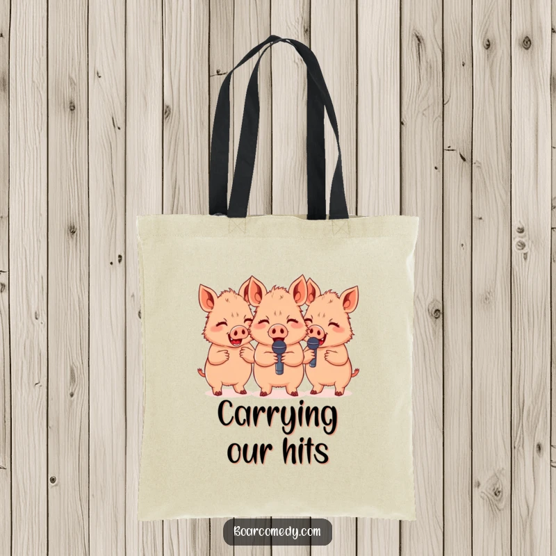 Funny cute boars giggling together while holding tiny microphones, a humorous and practical tote bag for carrying essentials.