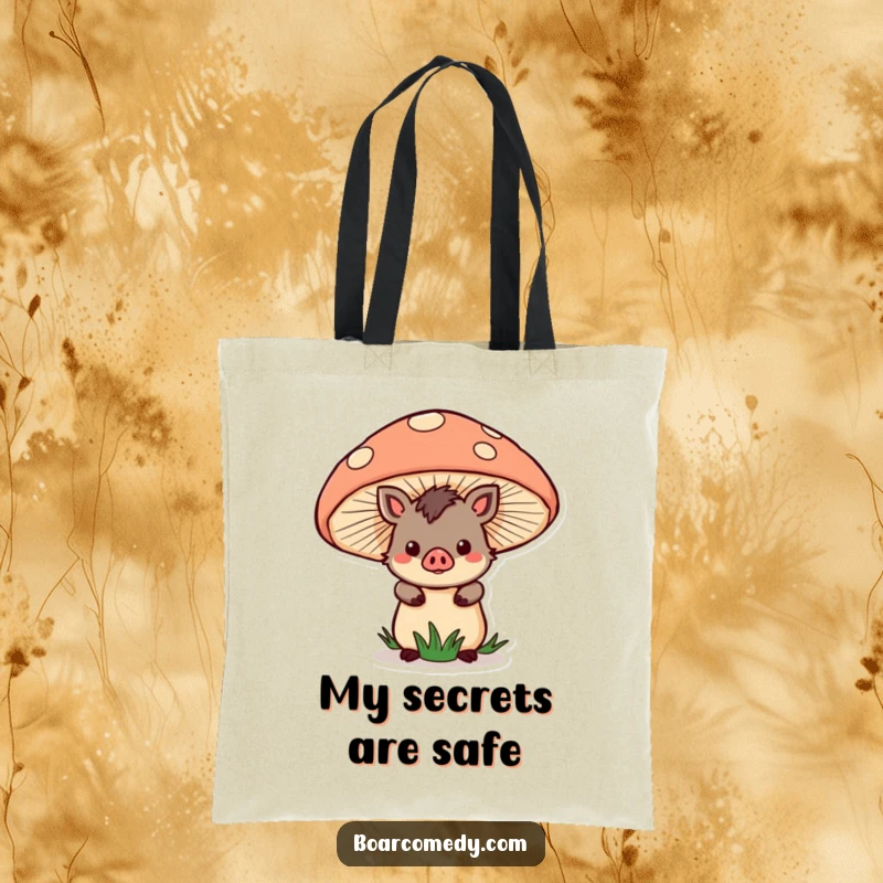 Funny Tote Bag: Cute kawaii boar character peeking from behind a large mushroom, a charming and practical accessory.