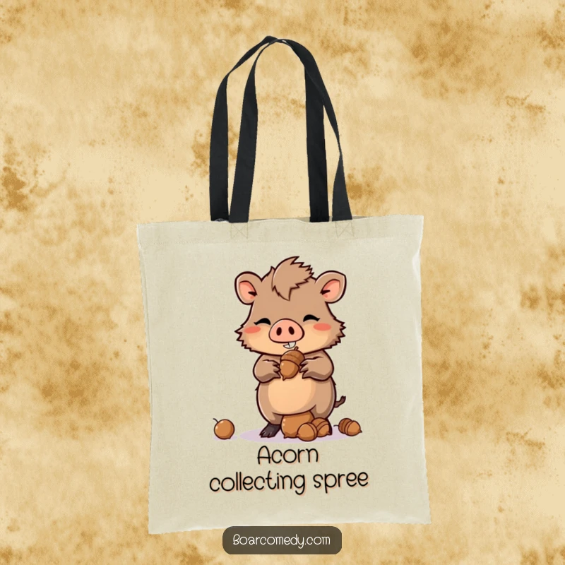 Funny Kawaii Boar Tote Bag showcasing a mischievous balance of acorns, perfect for carrying essentials with a smile.