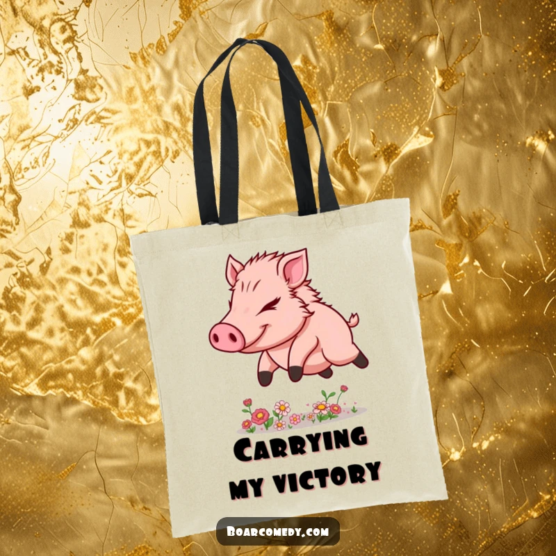 Funny Kawaii Boar Tote Bag showing determined leaping action over delicate flower obstacles, perfect for carrying essentials.