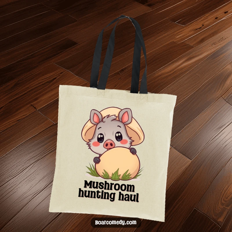 Funny Kawaii Boar Tote Bag peeking from behind a big mushroom, eyes wide with innocent curiosity and charm.