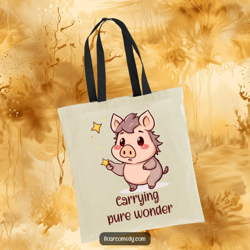 Funny kawaii boar tote bag showing a surprised boar pointing a hoof at a bright, twinkling star, ideal for carrying dreams.