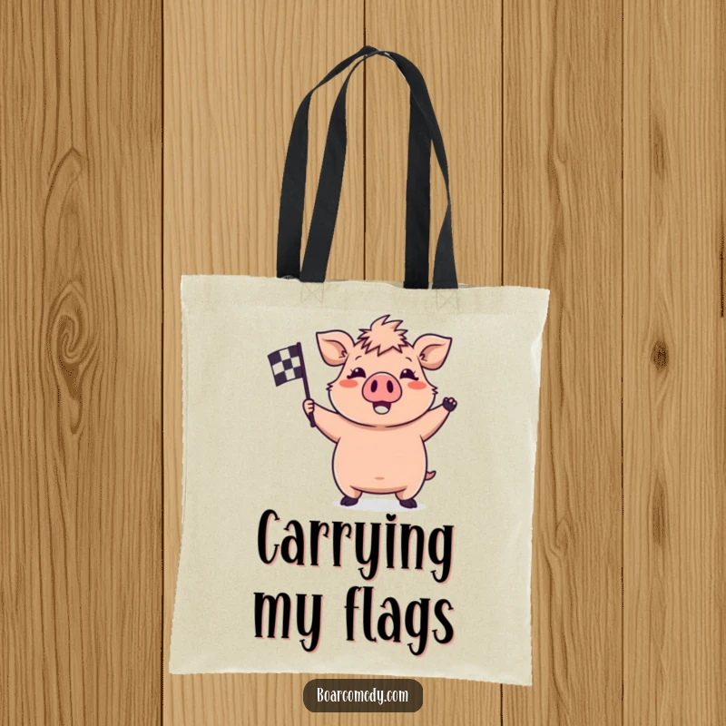 Funny kawaii boar tote bag showing a happy boar waving a checkered flag, perfect for carrying your winning spirit and essentials.