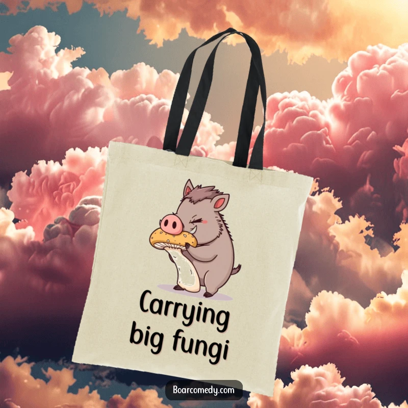Funny Tote Bag: Plump boar character concentrating intently, balancing a giant, wobbly mushroom on its snout, a testament to focus.