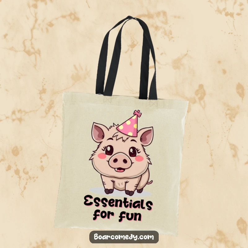 Funny cute boar wearing a tiny party hat, eyes wide with surprise and joy, on a tote bag.