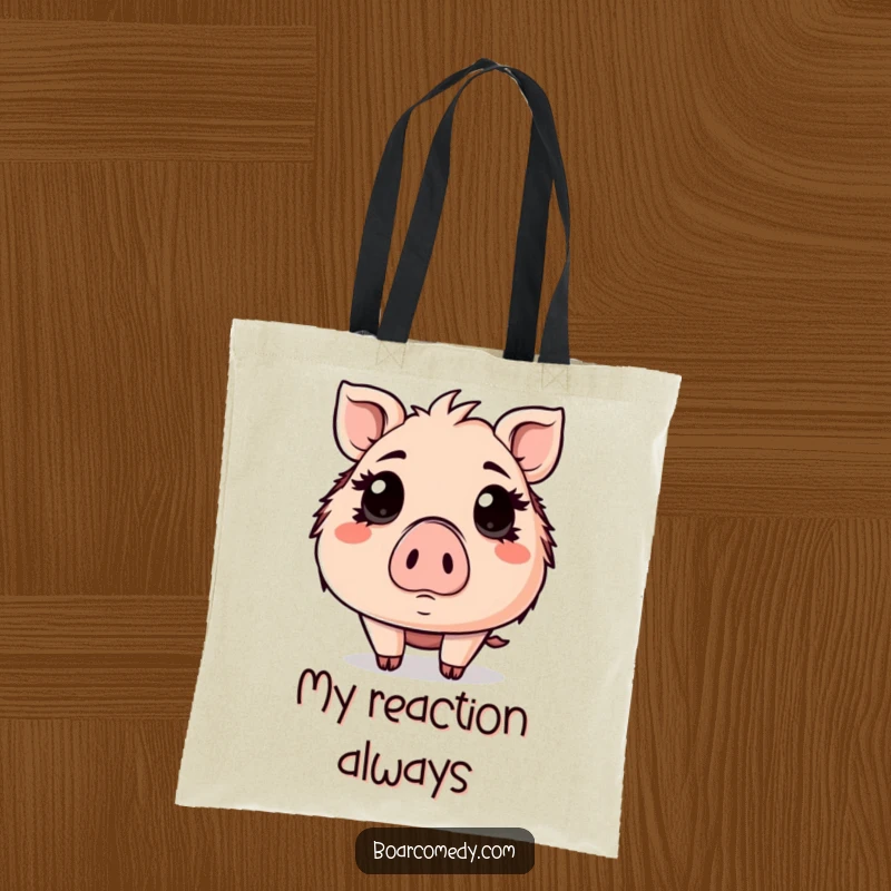 Funny Kawaii boar tote bag, a boar with wide, surprised eyes, perfect for carrying daily items.