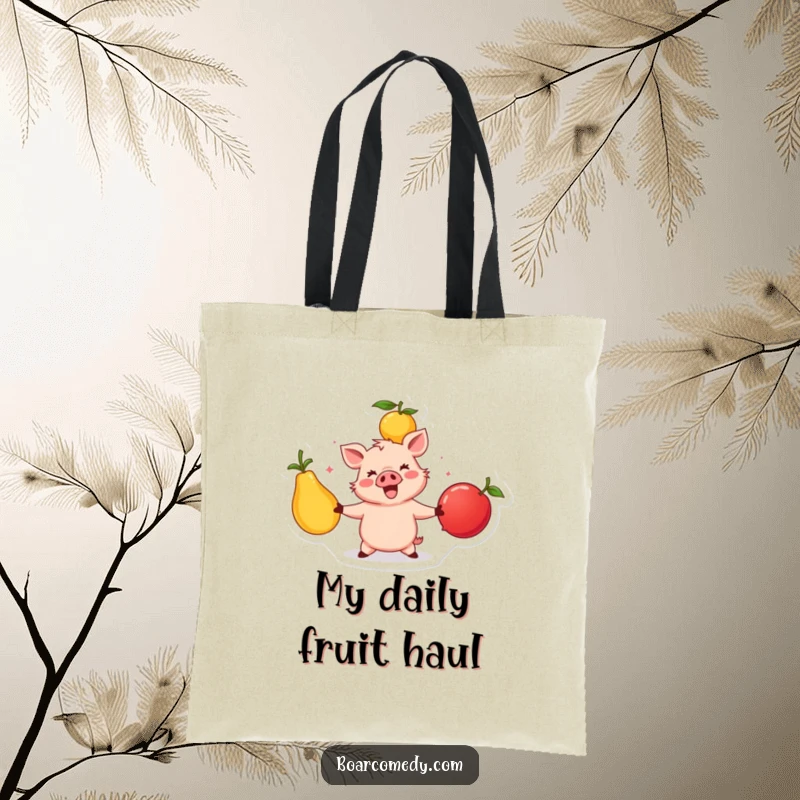 Funny happy boar character juggling large, colorful fruits, a humorous and practical tote bag for carrying essentials with flair.