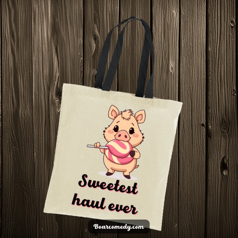 Funny cheerful boar character holding a huge lollipop, a practical and humorous tote bag for carrying everyday essentials.