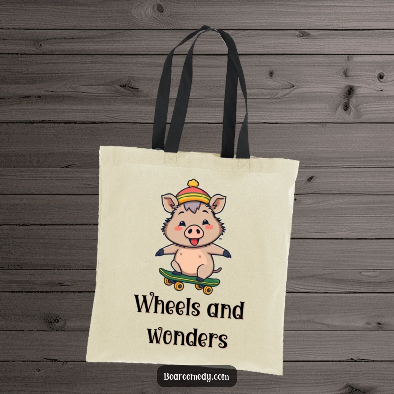 Funny cheerful boar with a tiny hat rides a skateboard on a durable tote bag, ideal for carrying essentials.